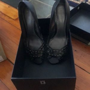 Black wedge heel open weaved toe